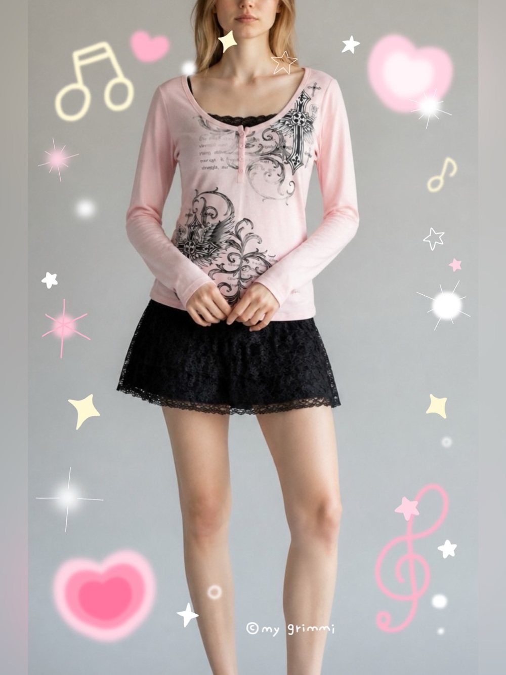 Digital Darling Gothic Punk Cross Wings Lace Trim Henley Shirt Pink Sz M Y2K
